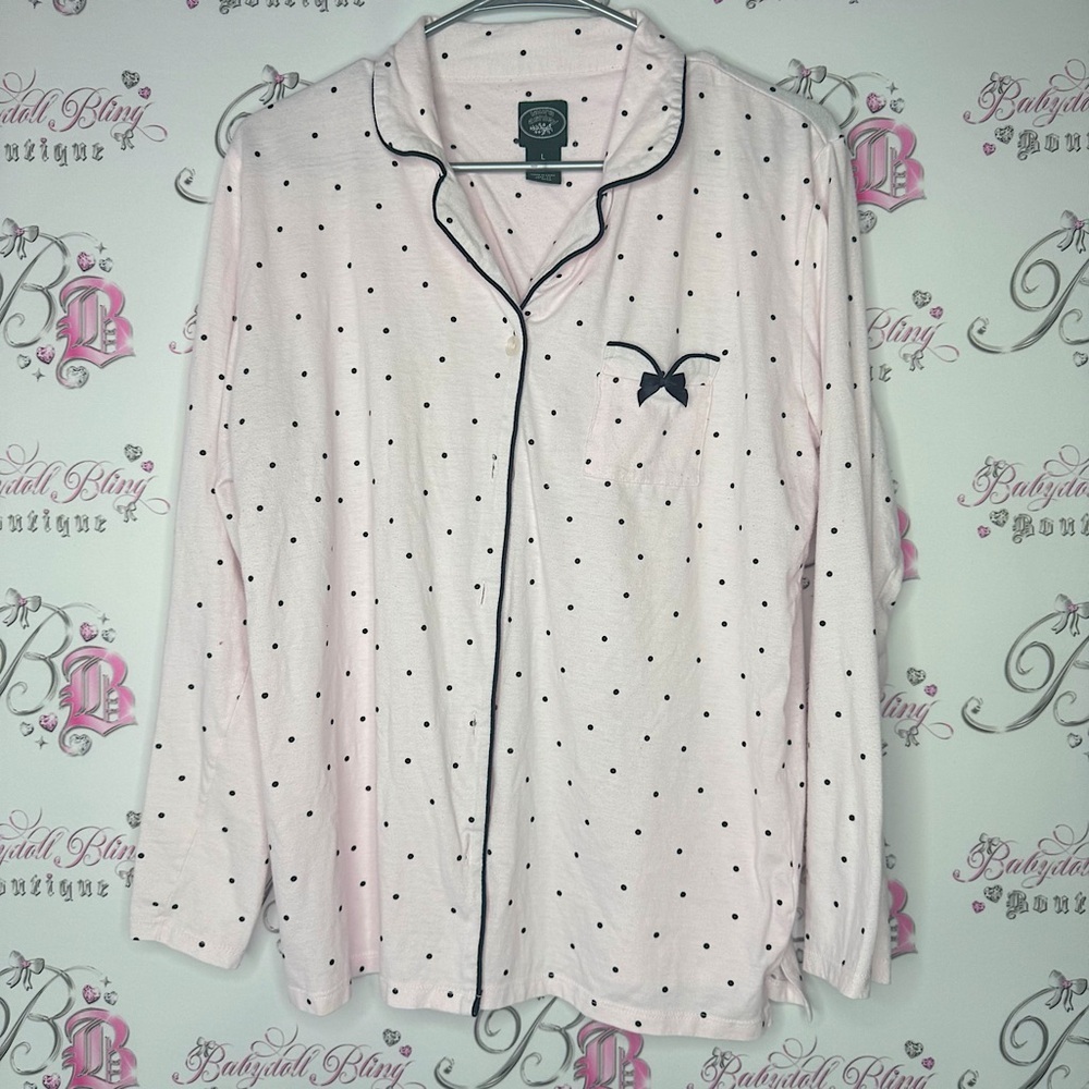 Laura Ashley button down top PJ polka dot pink black pocket ribbon 🎀 bow soft